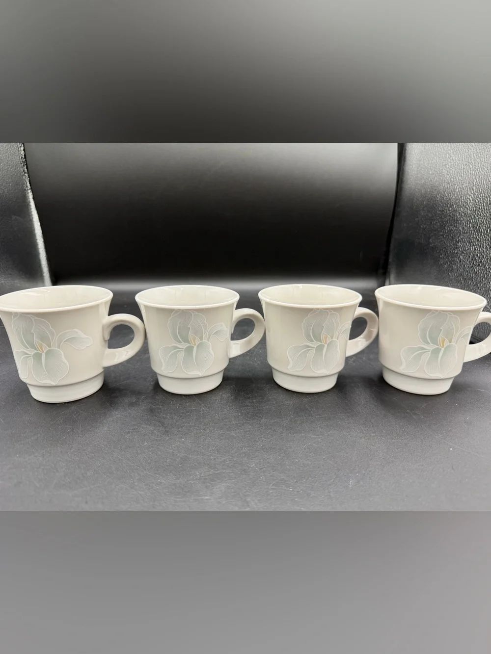 VTG (4) Noritake Fantasia Coffee Mug Cup 8979 Gray Iris Flower Stoneware Japan